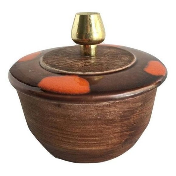 Mid Century Modern Lidded Pottery Dish with Gold - Picture 2 of 7